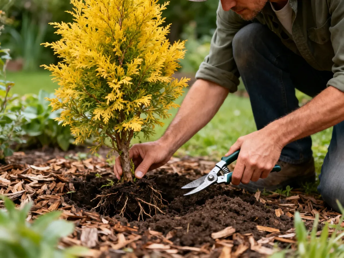 Gardener diagnosing and caring for a yellowing thuja