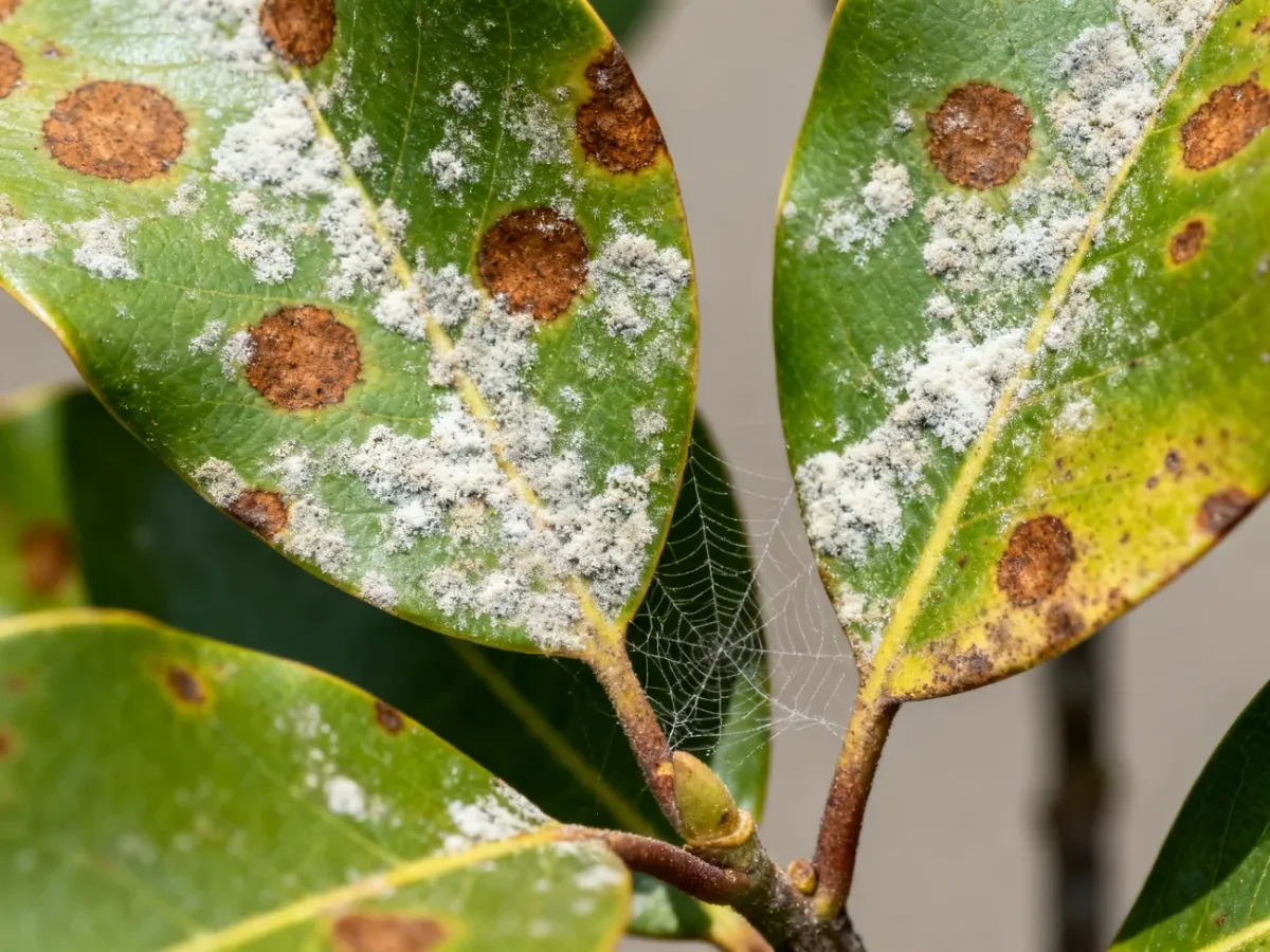 Magnolia leaves affected by spots, powdery mildew, and spider mites