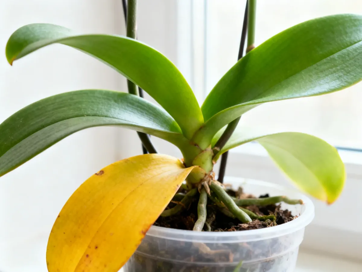 Storczyk Phalaenopsis z jednym żółknącym dolnym liściem