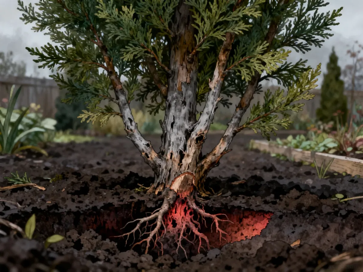 Thuja showing symptoms of fungal disease and root damage