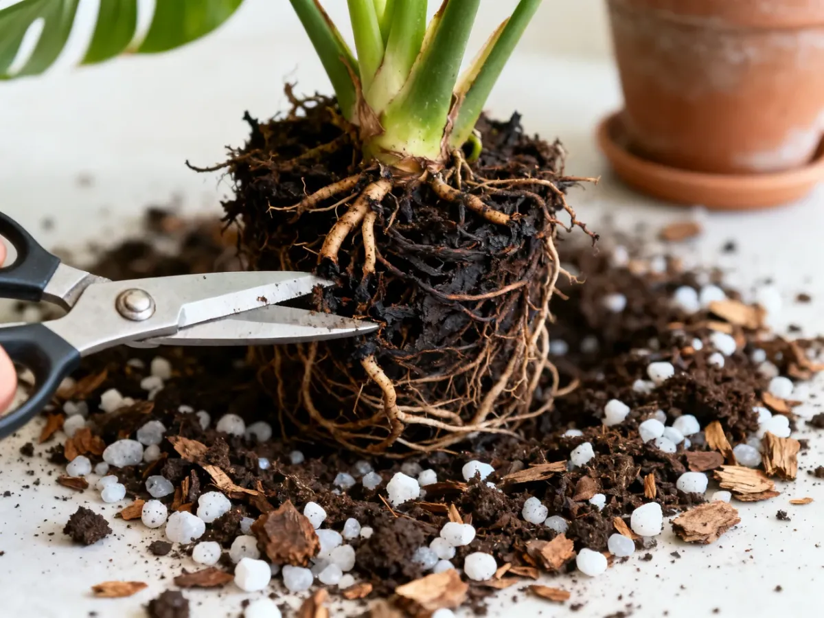 Repotting a monstera and removing rotten roots