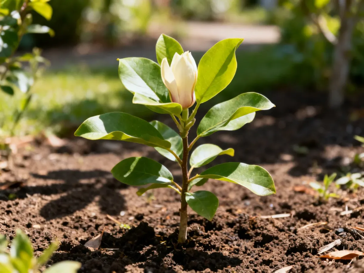 Young magnolia growing in healthy well-drained soil
