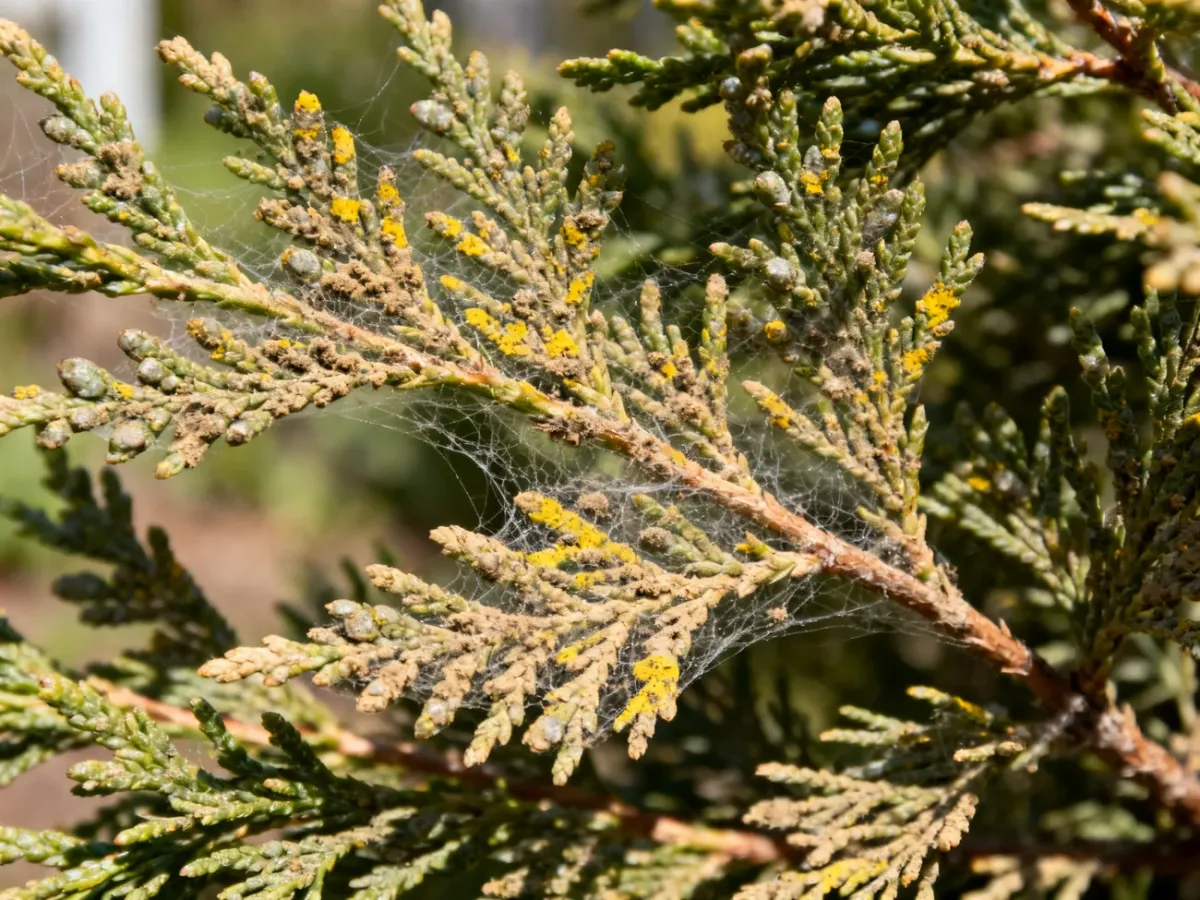 Spider mite webbing and mottled discoloration on thuja branches