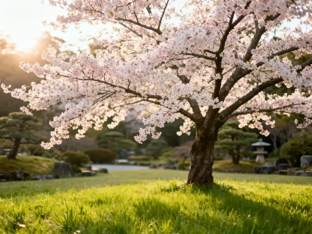 Kwitnąca japońska wiśnia sakura w ogrodzie z delikatnymi różowymi kwiatami w promieniach porannego słońca.