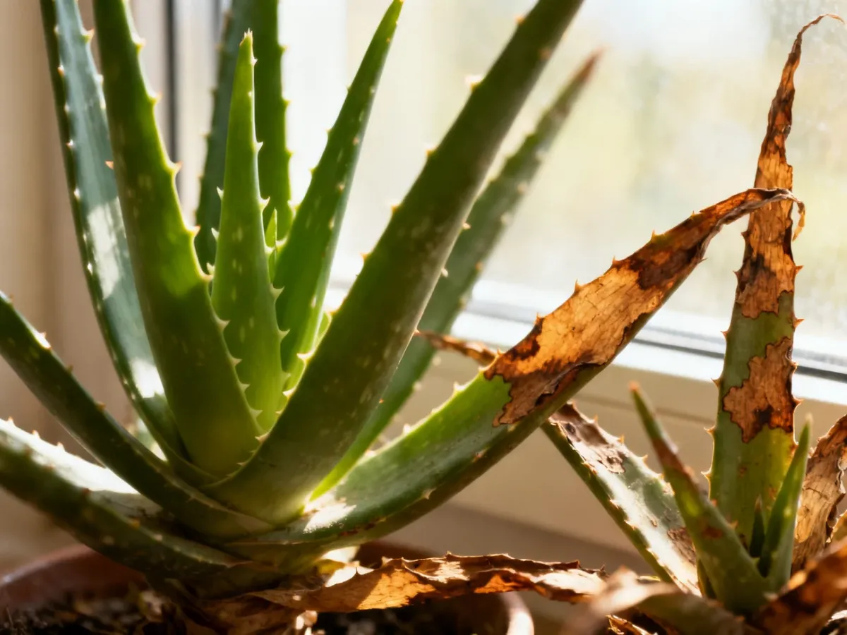 Aloes z suchymi brązowymi plamami po poparzeniu słonecznym