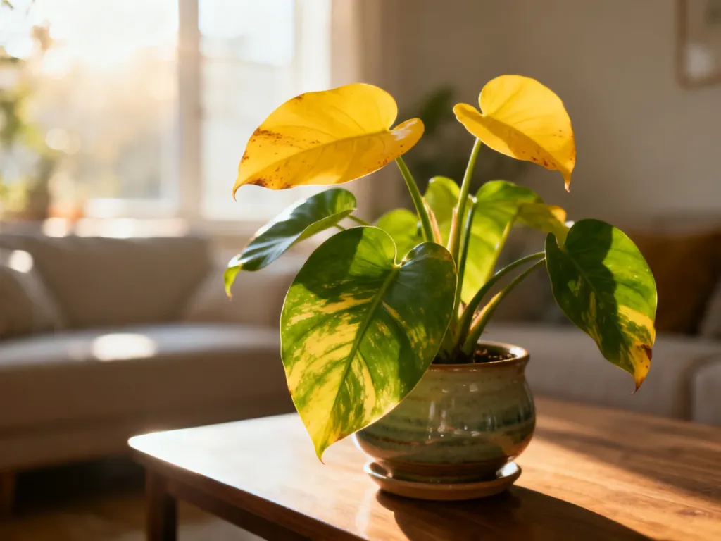 Filodendron w ceramicznej doniczce z widocznymi żółknącymi liśćmi, wymagający pielęgnacji i ratunku.