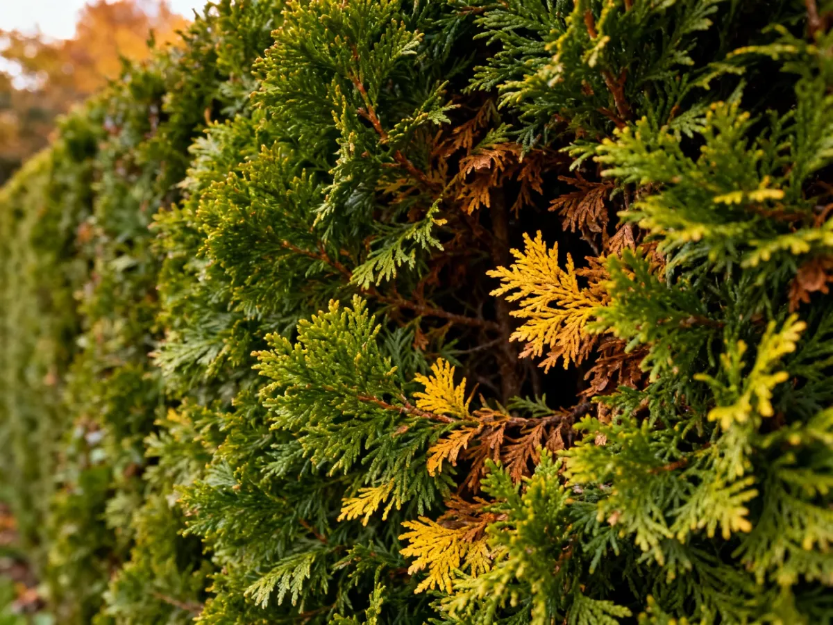 Natural yellowing of older scales inside a healthy thuja crown