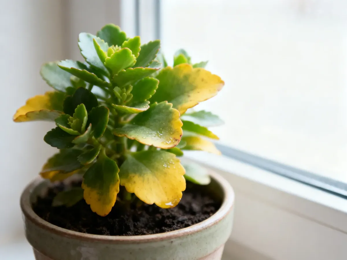 Kalanchoe with yellowing leaves in a bright indoor setting