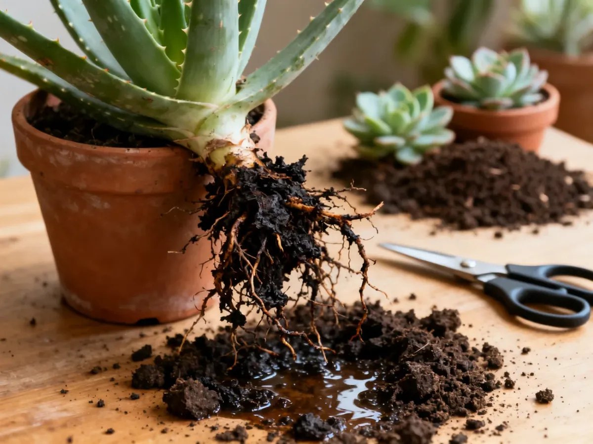 Aloes wyjęty z doniczki z widocznymi zgniłymi korzeniami