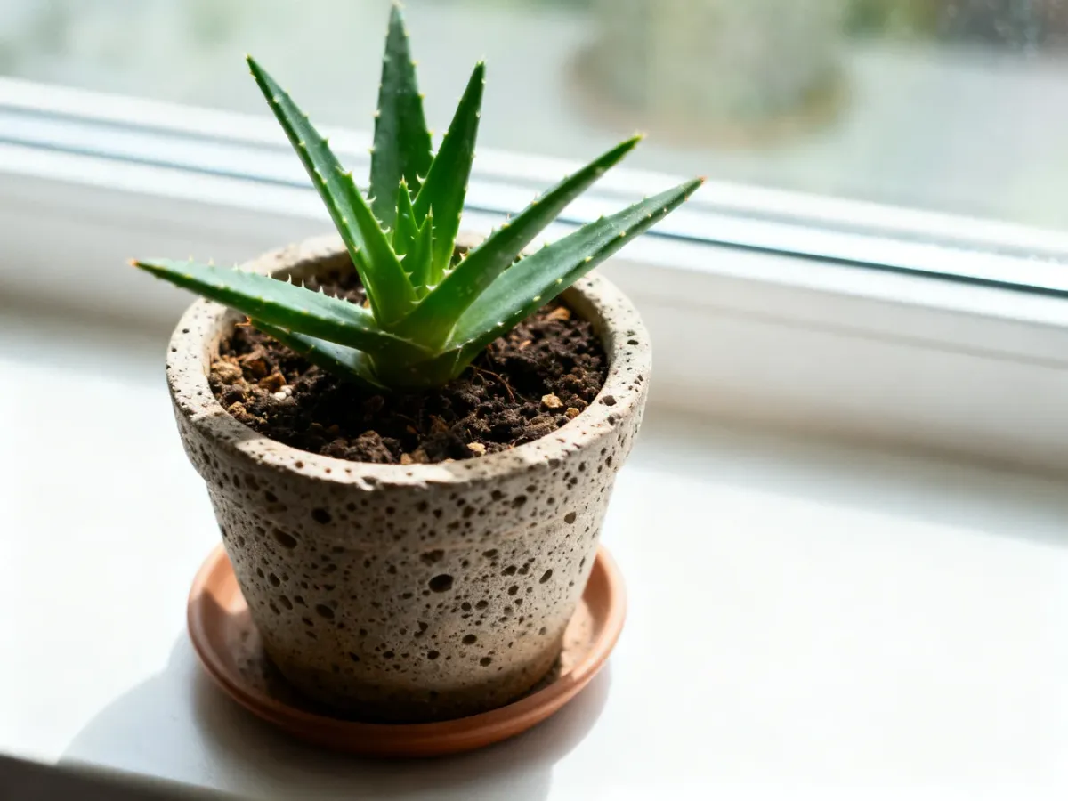 Zdrowy aloes w przepuszczalnym podłożu na jasnym parapecie
