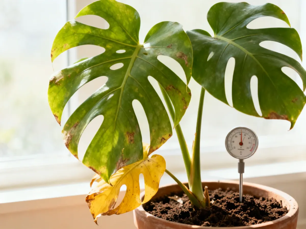 Monstera with yellowing lower leaves beside moist potting soil