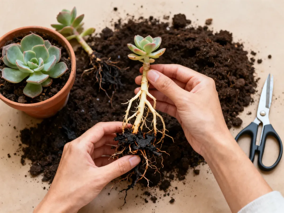 Inspecting kalanchoe roots during repotting