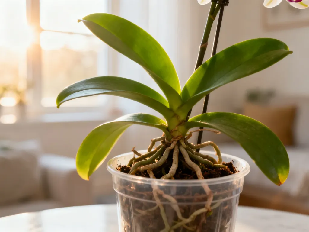 Zdrowy storczyk Phalaenopsis w przezroczystej doniczce, prezentujący silne korzenie i zielone liście w słonecznym wnętrzu.