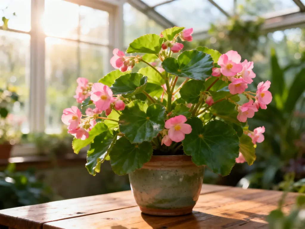 Zdrowa begonia o zielonych liściach i różowych kwiatach w ceramicznej doniczce, stojąca w słonecznym wnętrzu.