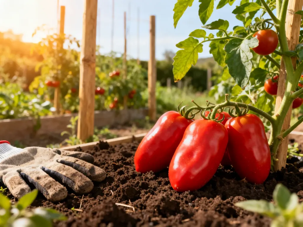 Dojrzałe pomidory San Marzano na tle przydomowego ogrodu, narzędzi ogrodniczych i krzewów pomidorów.