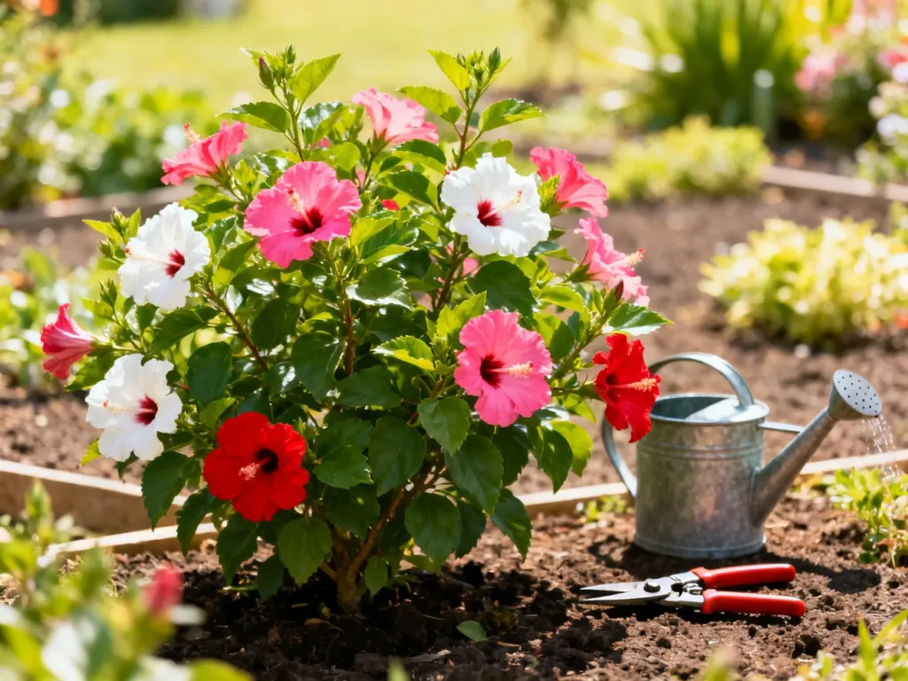 Kwitnący krzew hibiskusa w ogrodzie obok sekatora i konewki, ilustrujący pielęgnację roślin.