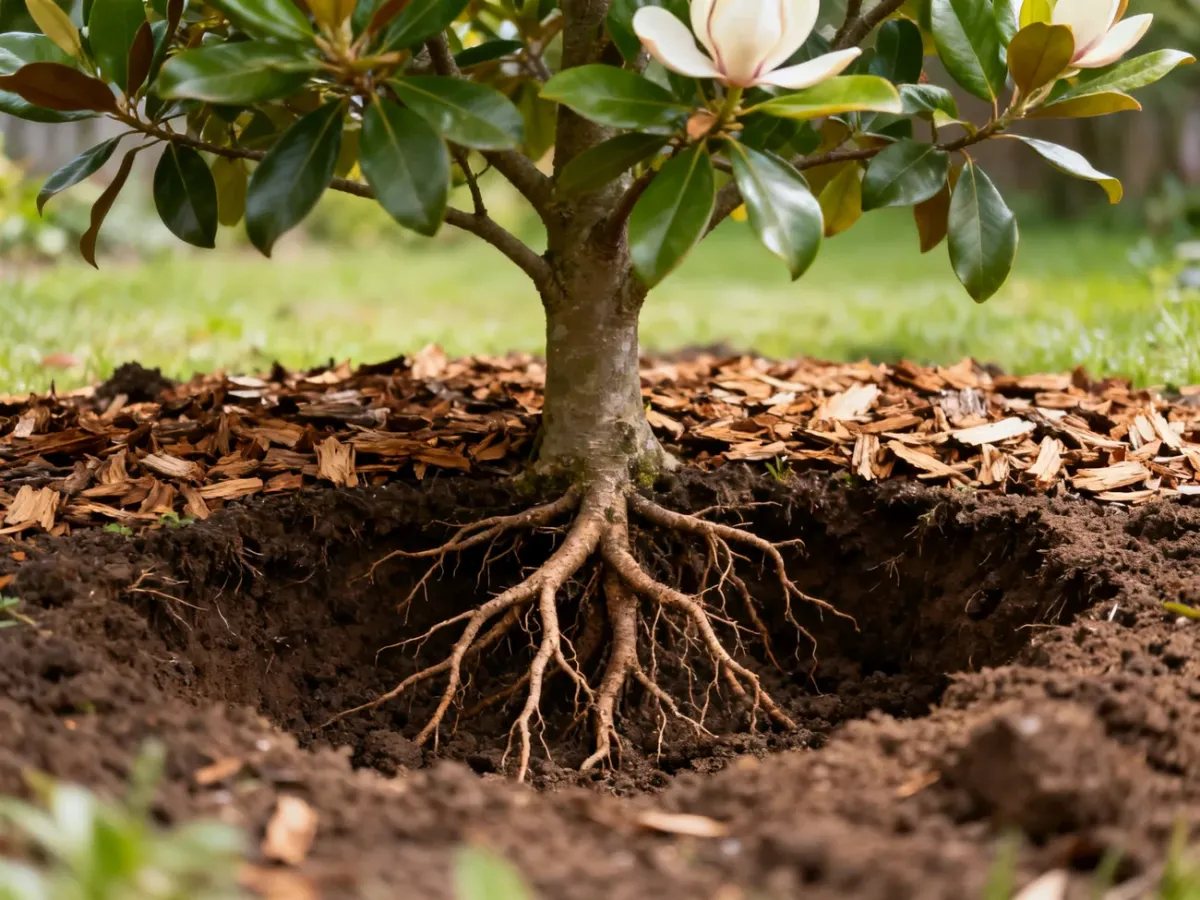 Magnolia with shallow roots and bark mulch covering the soil